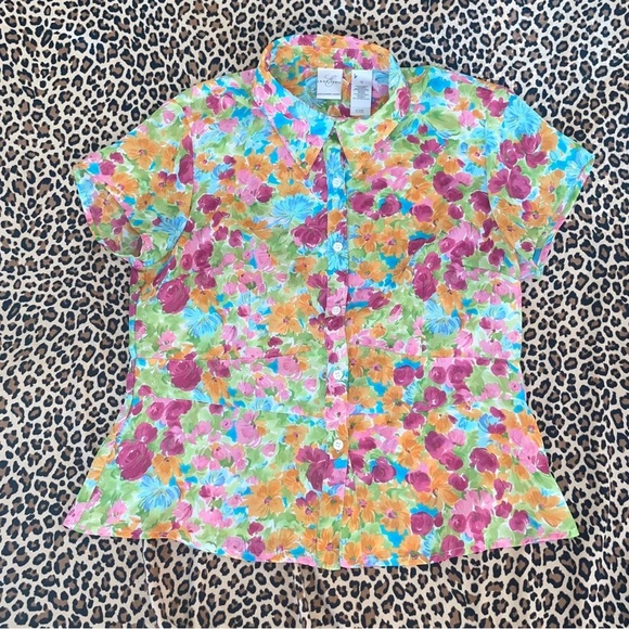 Vintage Sheer Floral Blouse Vibrant Print Artsy Short Sleeved Collared Button Do - Picture 6 of 7